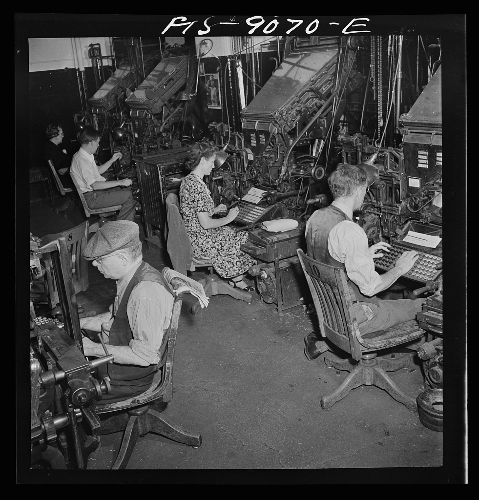 Linotype operators at work in the New York Times composing room